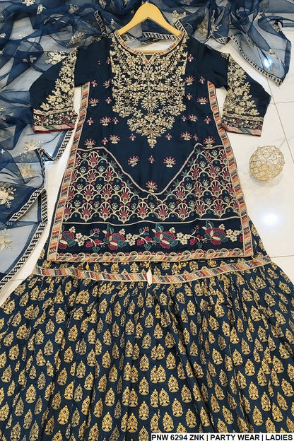 PNW 6294 Pakistani women's chiffon shirt with gharara detail view