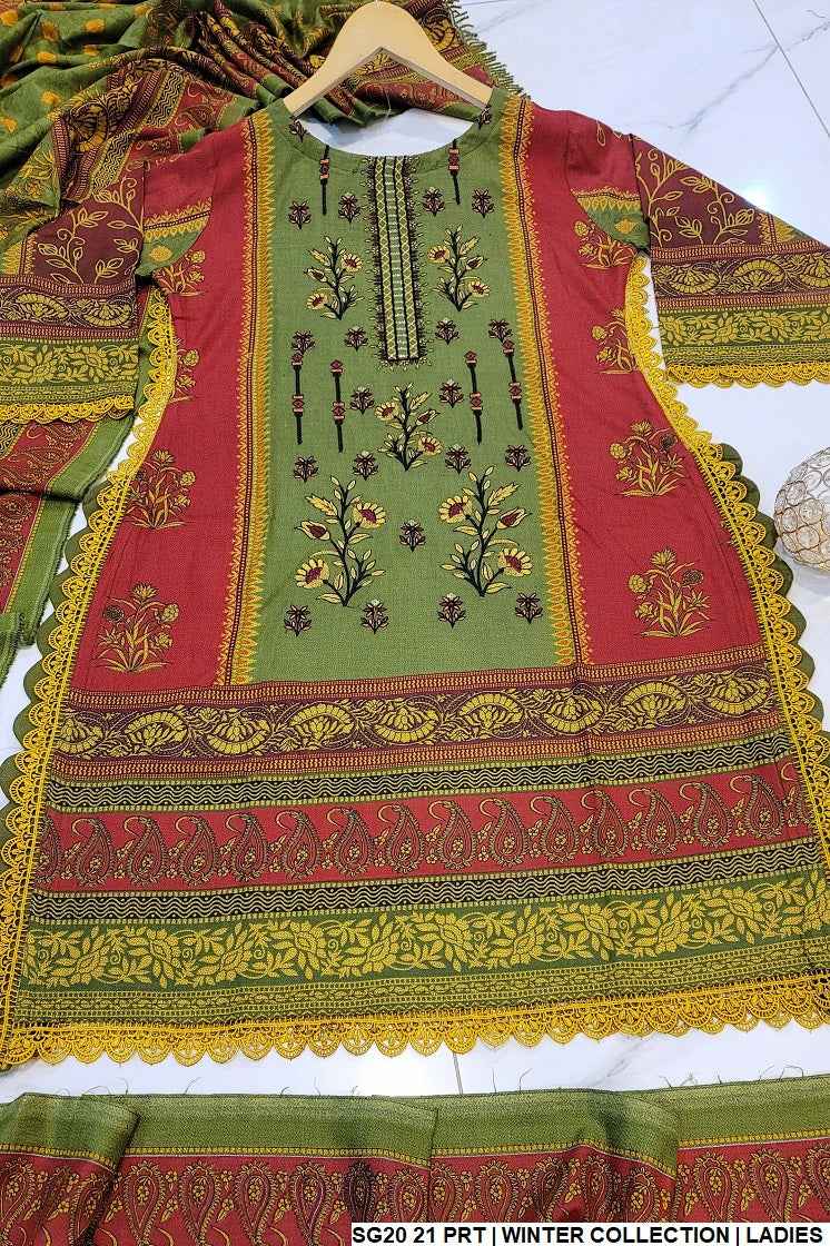 Dhanak A-Line suit SG20 21 - Pakistani women's winter dress with shawl detail view