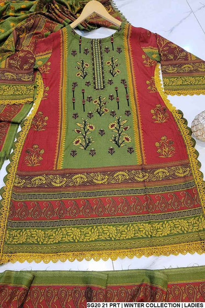 Dhanak A-Line suit SG20 21 - Pakistani women's winter dress with shawl detail view