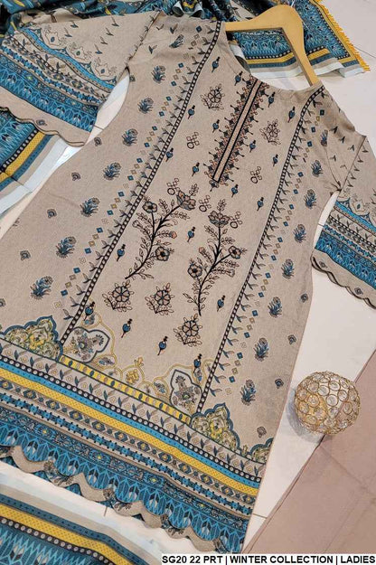 SG20 22 Dhanak women's 3-piece Pakistani outfit with shawl full view
