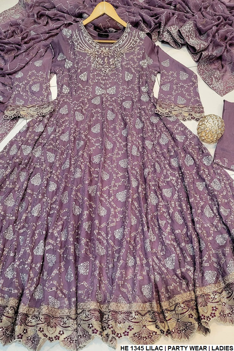 Chiffon long frock HE 1345 - Pakistani women's formal wear with viscose trouser front view