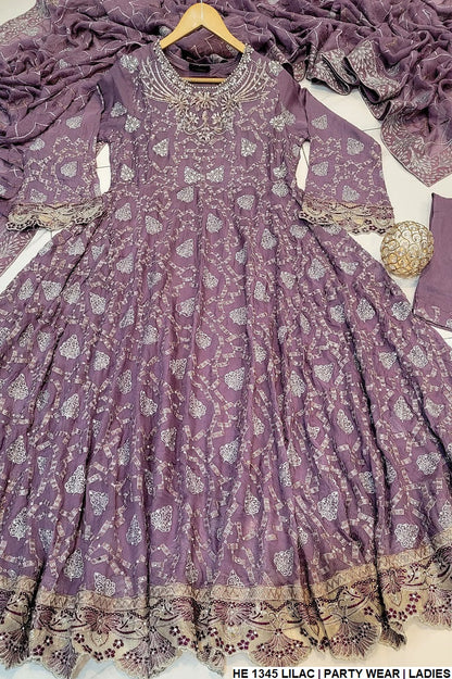 Chiffon long frock HE 1345 - Pakistani women's formal wear with viscose trouser front view