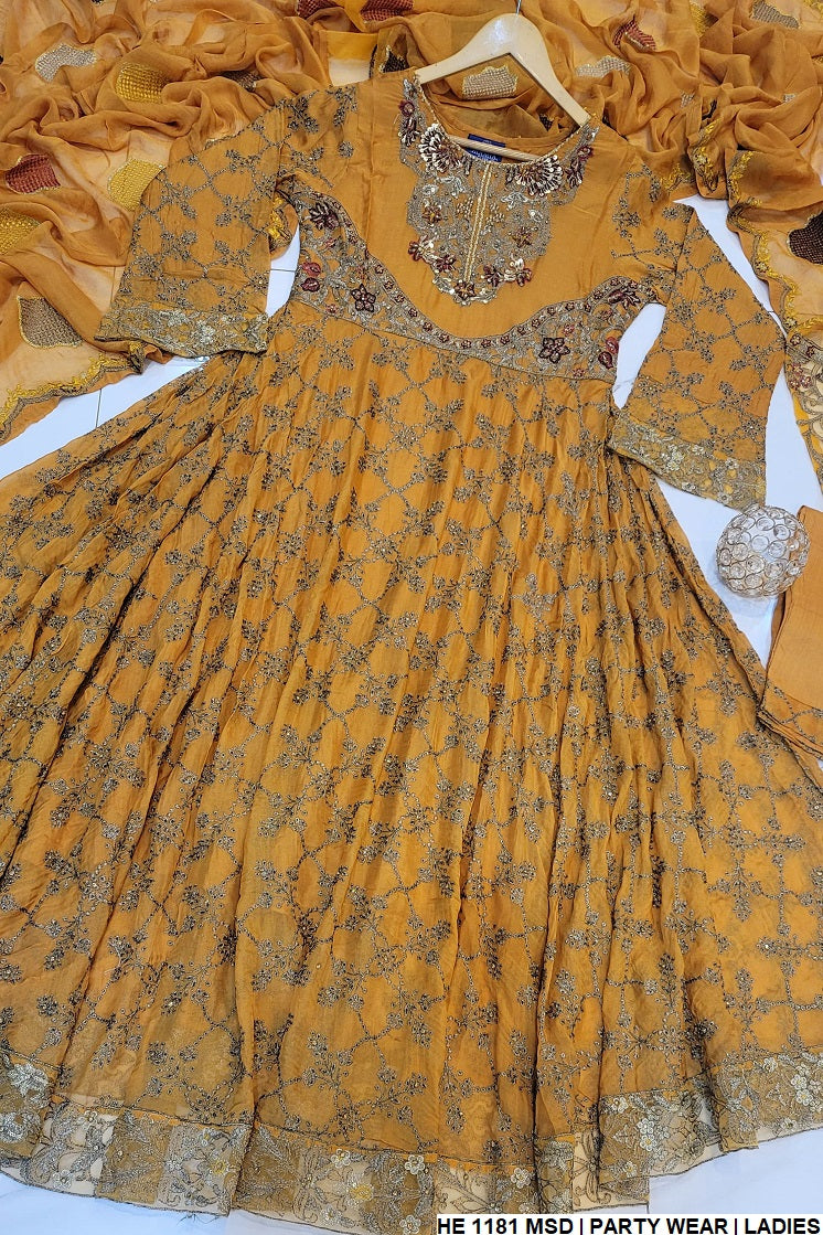 HE 1181 Pakistani women's chiffon long frock back view
