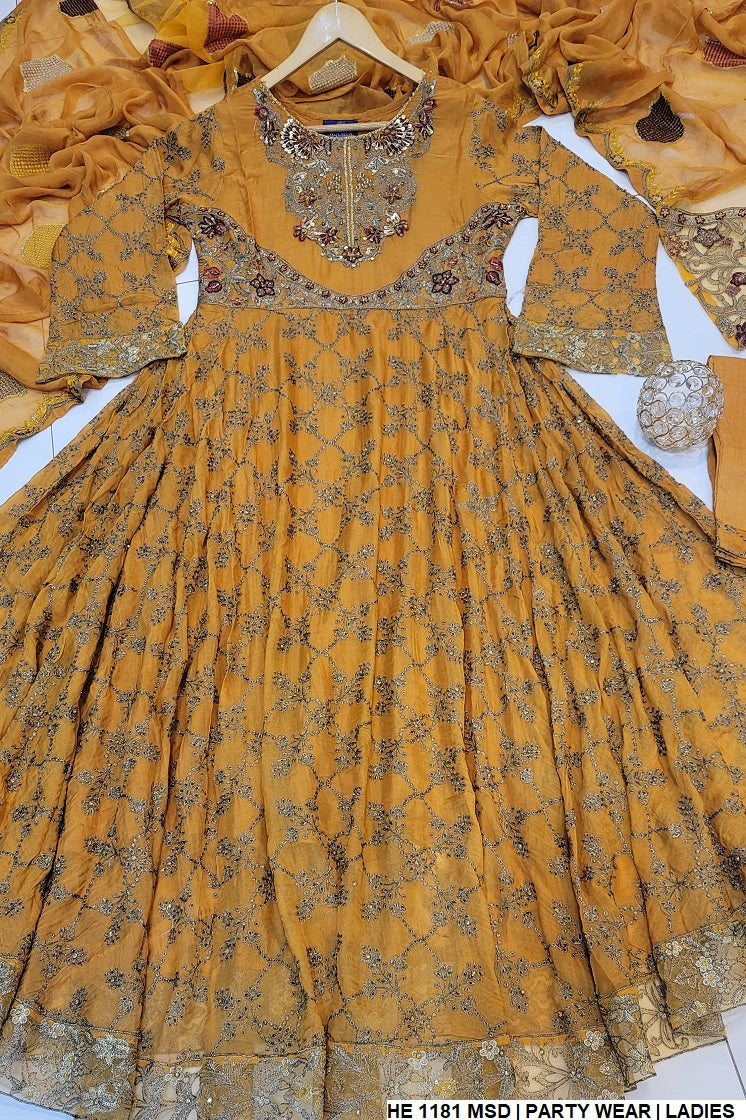 HE 1181 chiffon Pakistani women's long frock side view