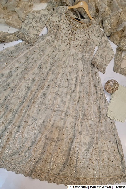 HE 1327 Pakistani women's chiffon long frock with organza dupatta back view