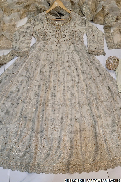 HE 1327 chiffon Pakistani women's long frock side view