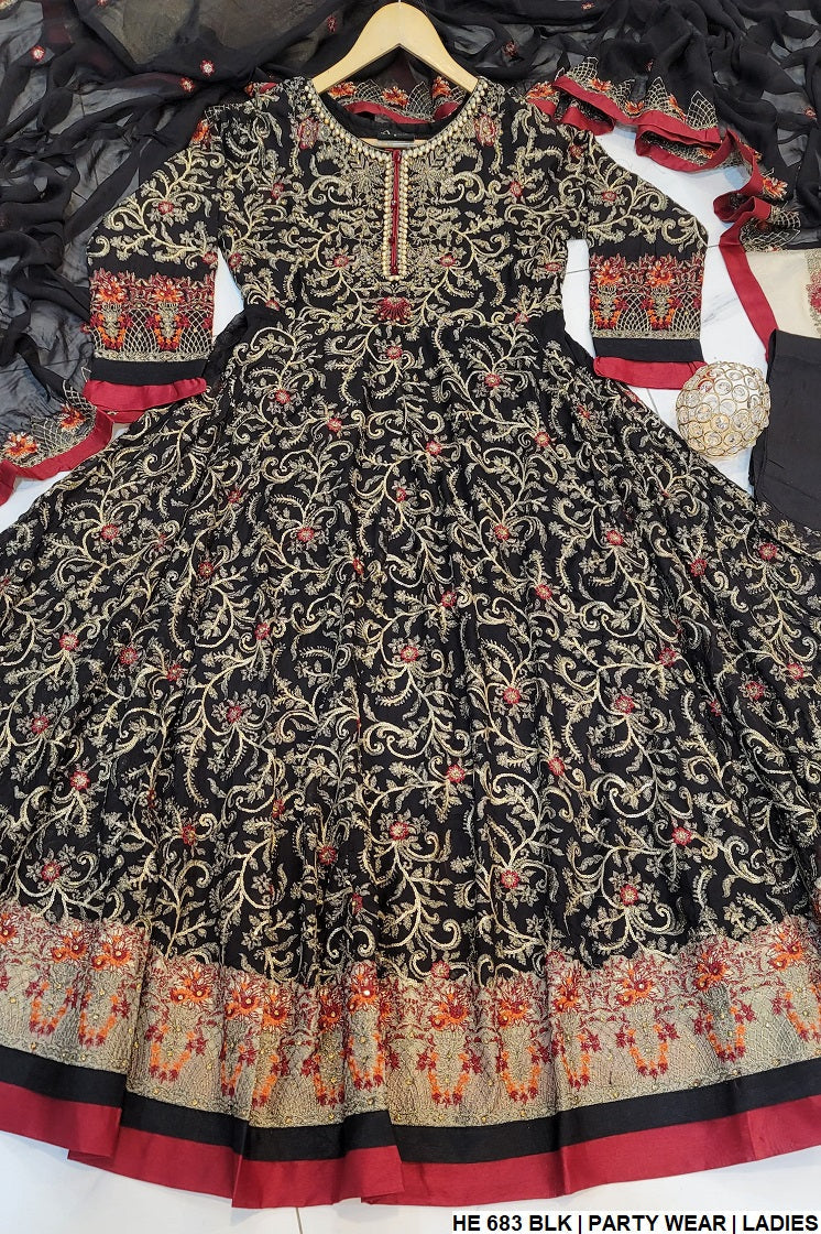 HE 683 chiffon Pakistani women's long frock with viscose trouser back view