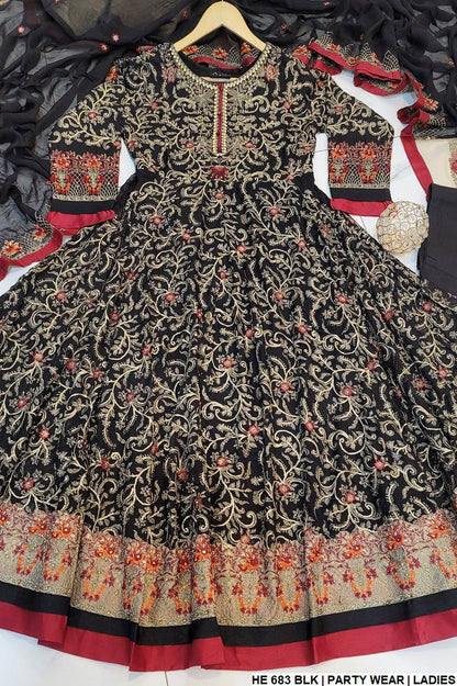 HE 683 chiffon Pakistani women's long frock with viscose trouser back view