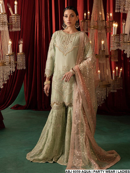 Chiffon short shirt gharara ABJ 6059 - Pakistani women's party wear with zari organza dupatta front view