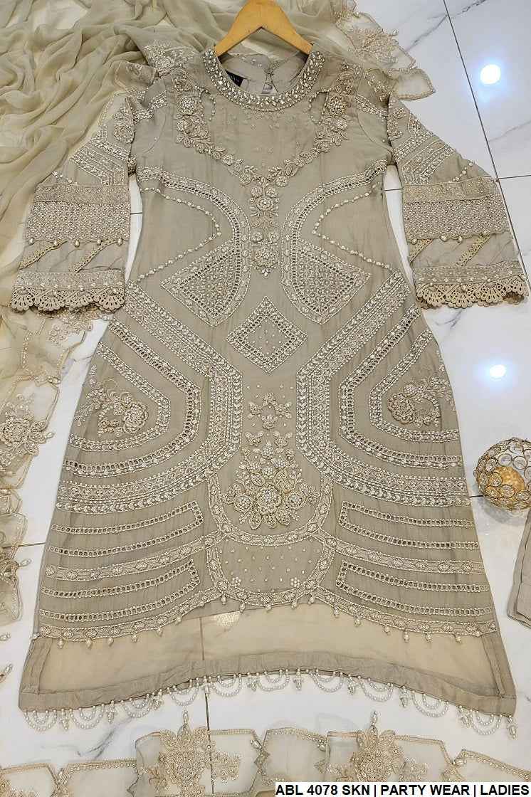ABL 4078 Chiffon A-Line Pakistani women's dress with chiffon dupatta side view