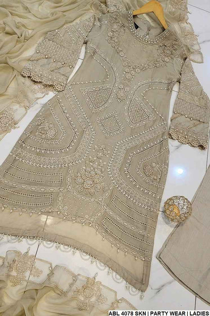 ABL 4078 Pakistani women's chiffon A-Line shirt with viscose trouser detail view