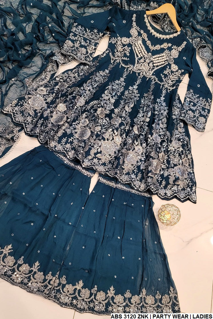 ABS 3120 chiffon Pakistani women's frock with chiffon gharara back view