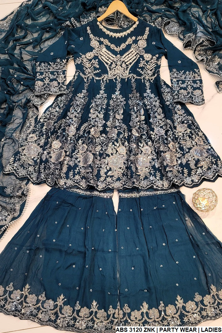 Chiffon frock gharara ABS 3120 - Pakistani women's festive party wear with chiffon dupatta front view