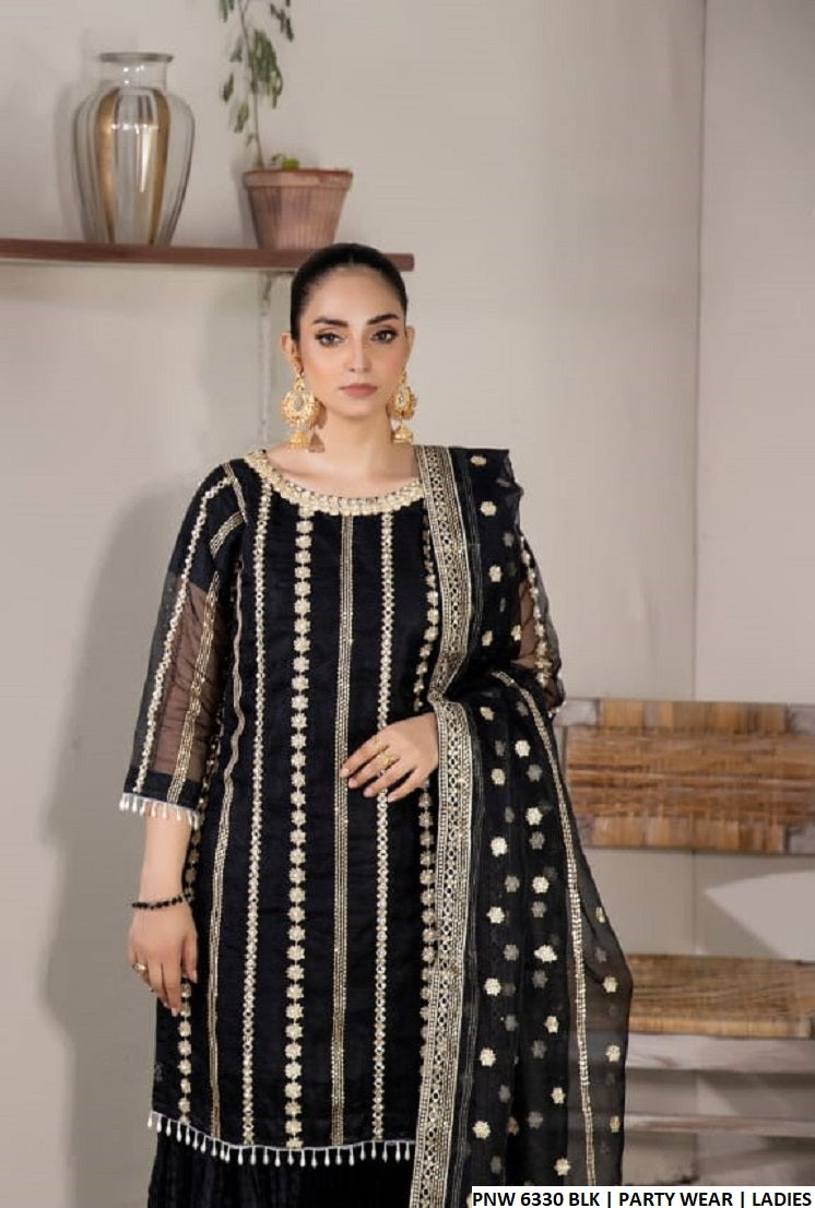Organza straight shirt sharara PNW 6330 - Pakistani women's party wear with grip sharara and organza dupatta front view