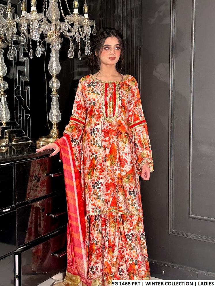 Linen A-Line frock gharara SG 1468 - Pakistani women's festive wear with digital dupatta front view