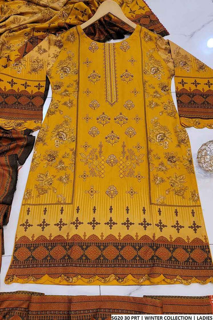 Dhanak straight shirt SG20 30 - Pakistani women's winter suit with digital shawl detail view