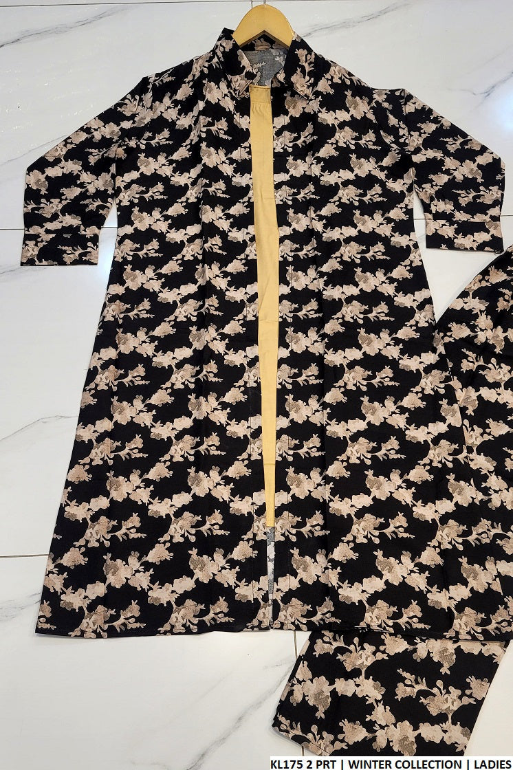 Stone linen open gaun shirt KL175 2 - Pakistani women's elegant outfit with dupatta front view