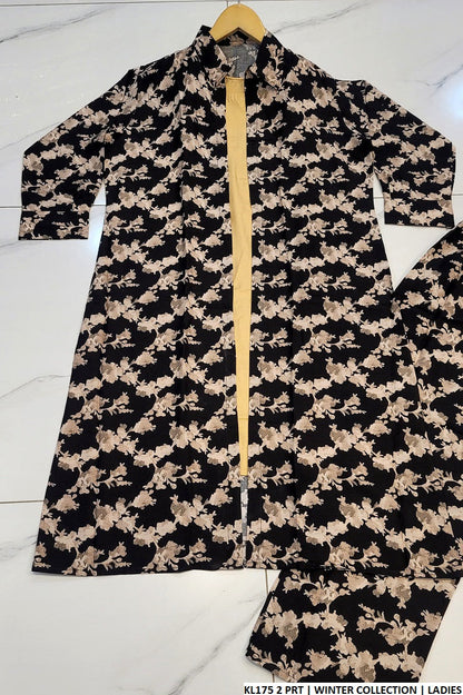 Stone linen open gaun shirt KL175 2 - Pakistani women's elegant outfit with dupatta front view