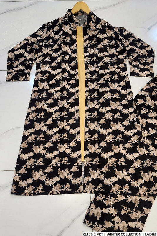 Stone linen open gaun shirt KL175 2 - Pakistani women's elegant outfit with dupatta front view
