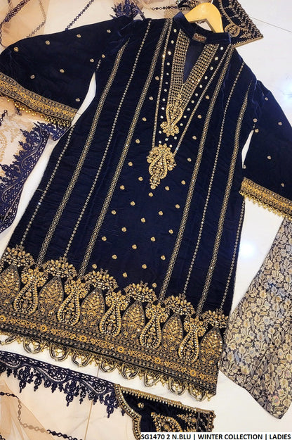 SG1470 2 N.BLU Pakistani women's velvet formal outfit with net dupatta back view