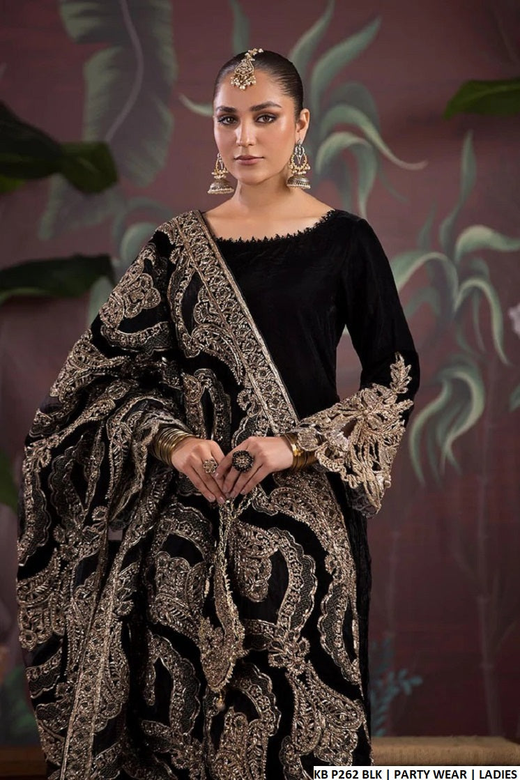 KB P262 velvet Pakistani women's embroidered sharara with crushed silk back view