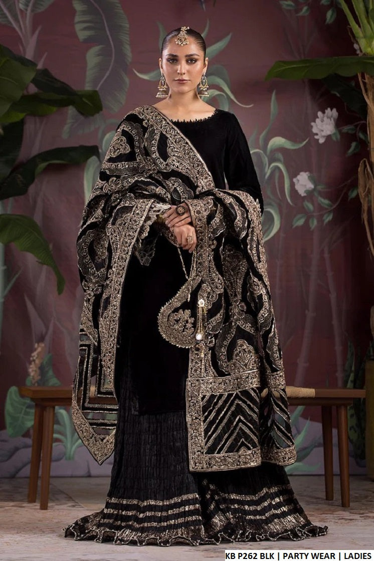Velvet embroidered shirt sharara KB P262 - Pakistani women's luxury bridal party wear with velvet shawl front view
