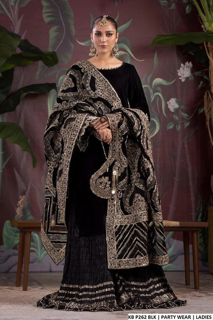 Velvet embroidered shirt sharara KB P262 - Pakistani women's luxury bridal party wear with velvet shawl front view