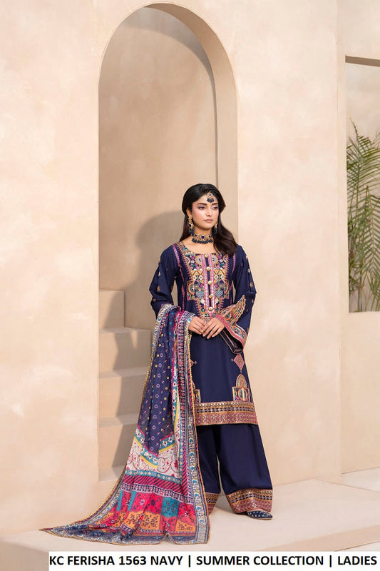 Cotton short shirt farshi shalwar navy blue - Pakistani women's traditional casual outfit with digital print silk dupatta front view
