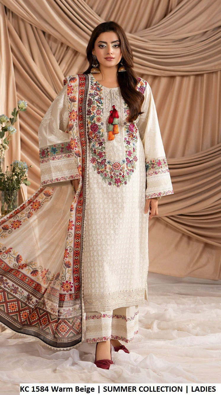 KC Ayra 1584 Warm Beige - Warm Beige Khaadi Silk Embroidered 3-Piece Women's Pakistani Suit