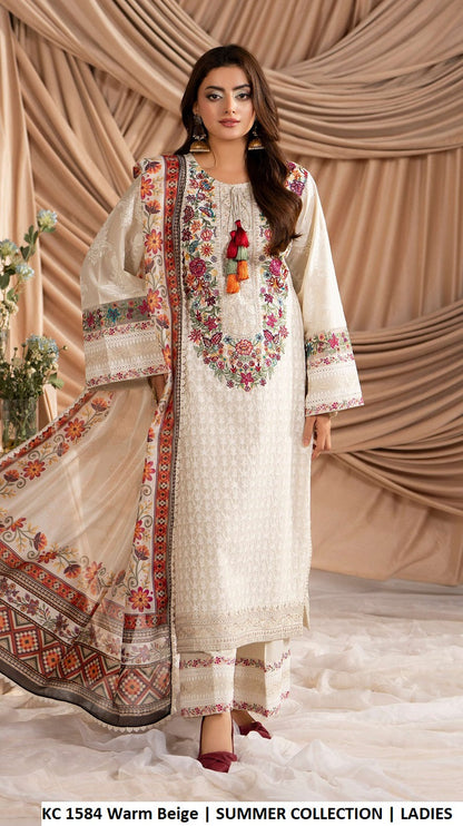 KC Ayra 1584 Warm Beige - Warm Beige Khaadi Silk Embroidered 3-Piece Women's Pakistani Suit