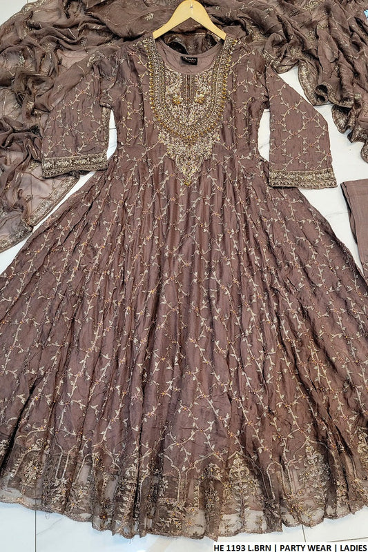 HE 1193 chiffon Pakistani women's full-flare long frock side view
