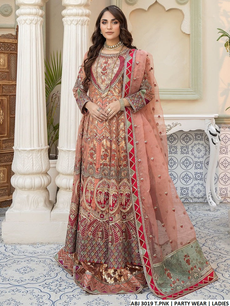 ABJ 3019 organza Pakistani women's long open maxi with grip trouser back view