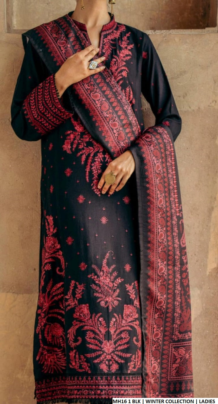 Dhanak straight shirt MH16 1 - Pakistani women's winter 3-piece suit with digital shawl front view