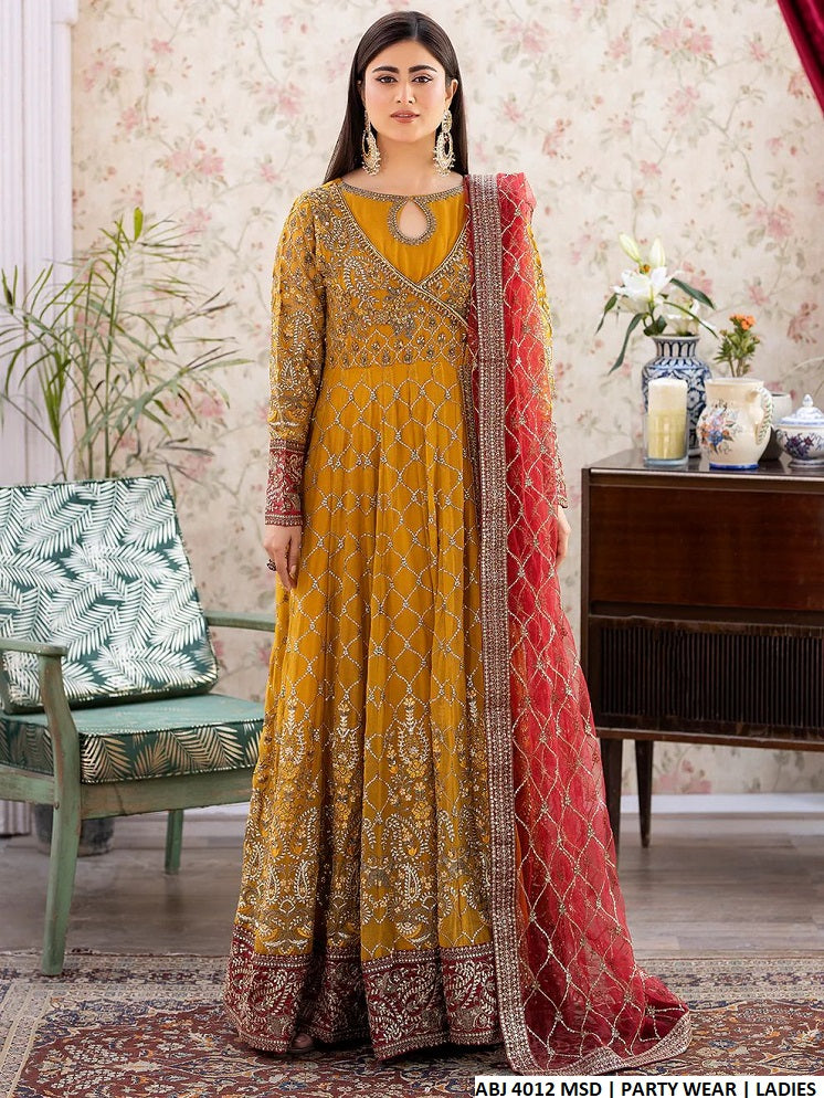 Chiffon angrakha ABJ 4012 - Pakistani women's elegant formal wear with grip trouser and net dupatta front view