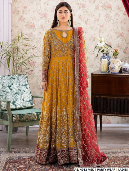 Chiffon angrakha ABJ 4012 - Pakistani women's elegant formal wear with grip trouser and net dupatta front view