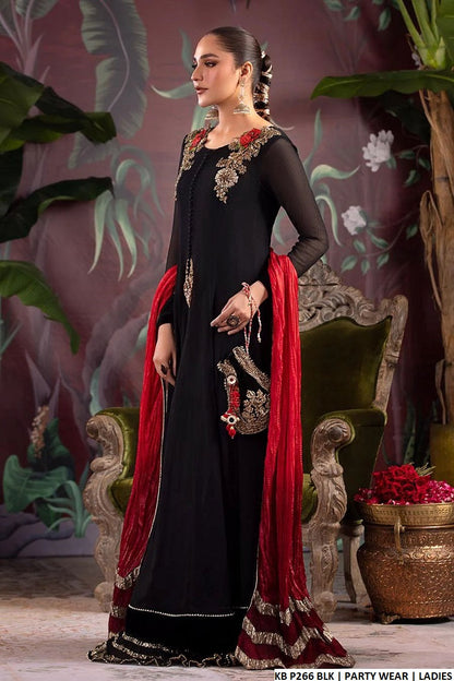 Chiffon long frock style KB P266 - Pakistani women's party wear with crushed masuri trouser front view