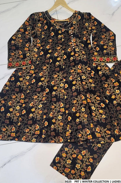 SG25 Pakistani women's linen angrakha frock detail view