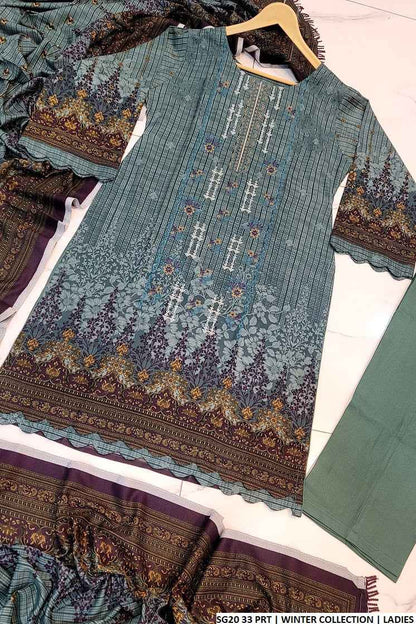 SG20 33 Dhanak women's 3-piece Pakistani outfit with shawl full view