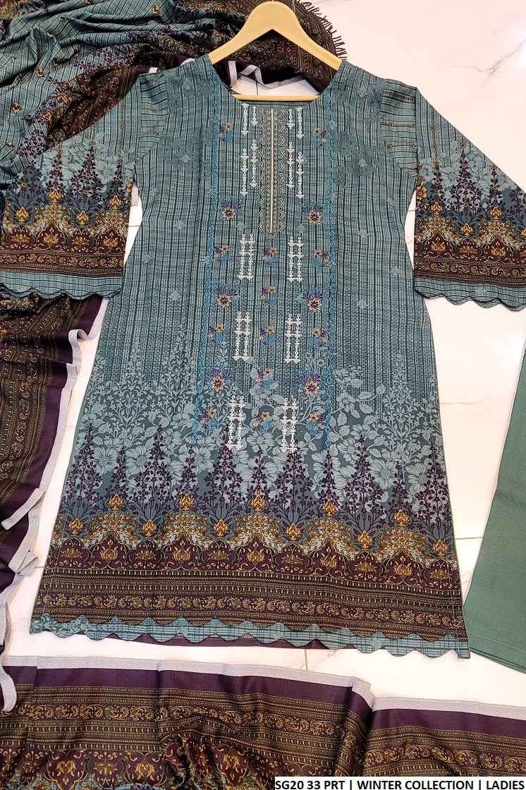 Dhanak straight shirt SG20 33 - Pakistani women's semi-formal suit with shawl detail view