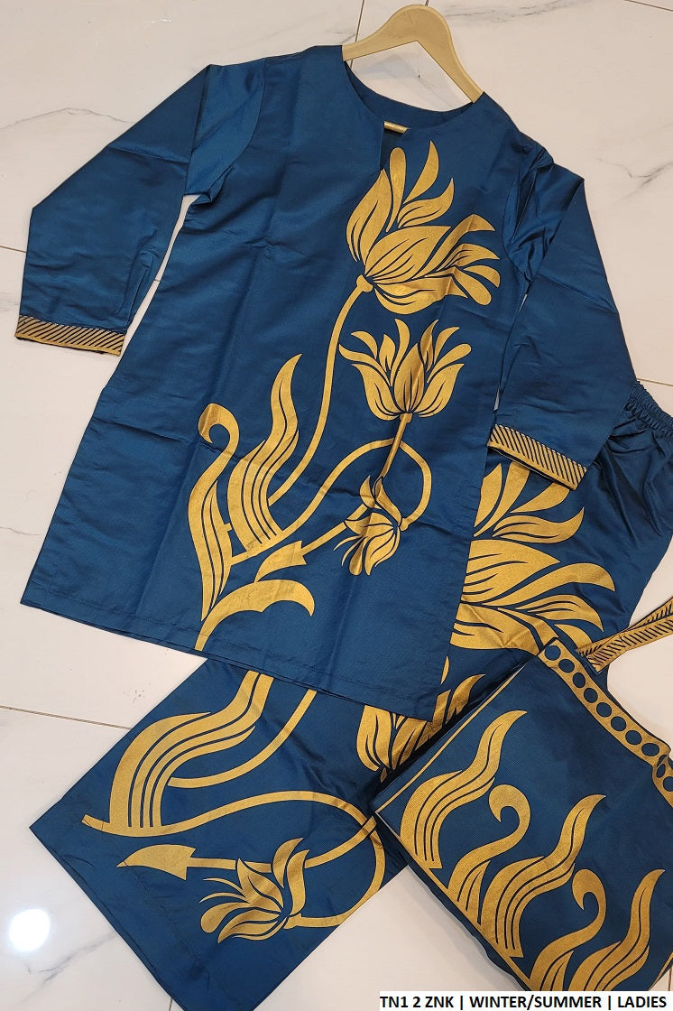TN1 2 shambray katan Pakistani women's short shirt with plazo side view