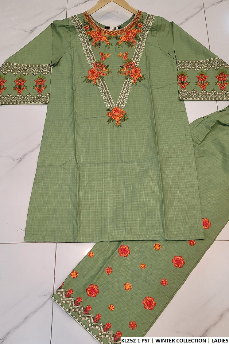 Winter cotton straight shirt plazo KL252 1 - Pakistani women's casual winter outfit front view