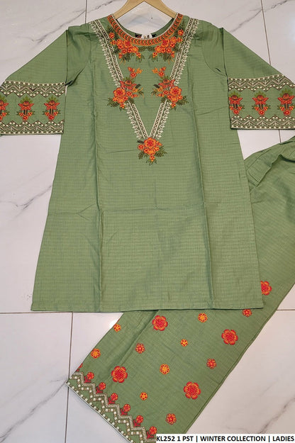 Winter cotton straight shirt plazo KL252 1 - Pakistani women's casual winter outfit front view