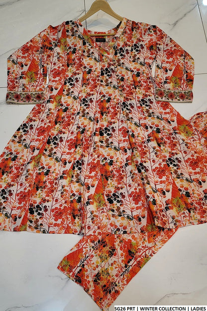 SG26 Pakistani women's linen angrakha frock detail view