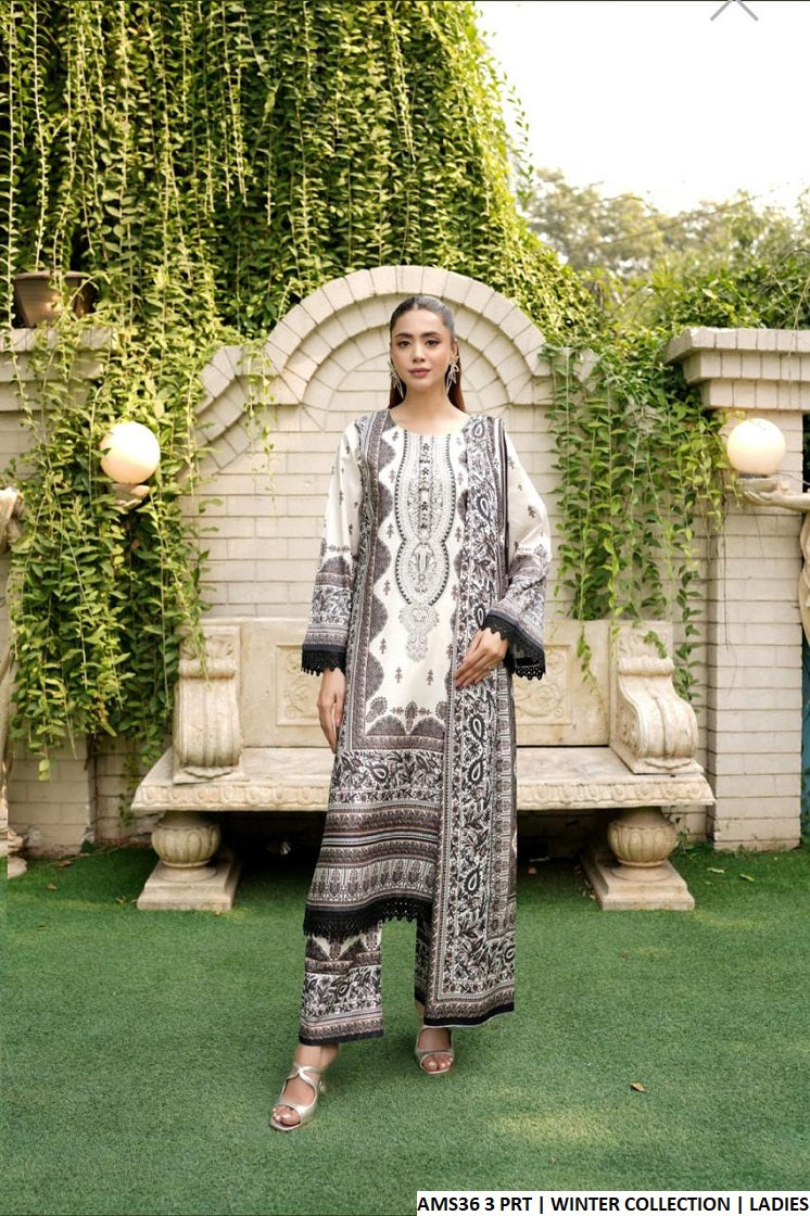 Digital Linen straight shirt plazo AMS36 3 - Pakistani women's casual outfit with linen shawl front view
