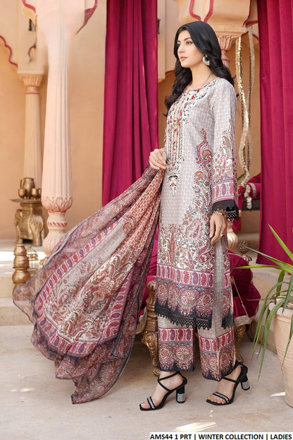 Cotton straight shirt plazo AMS44 1 - Pakistani women's winter casual outfit with chiffon dupatta front view