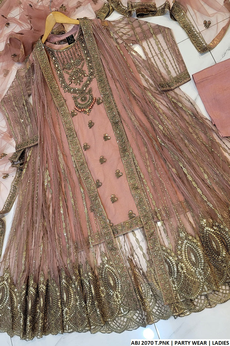 ABJ 2070 soft net Pakistani women's gown style outfit back view