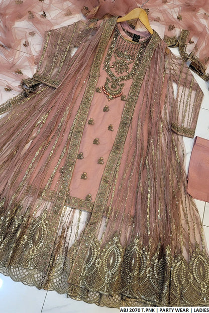 Soft net gown ABJ 2070 - Pakistani women's luxury formal wear with grip trouser and net dupatta front view