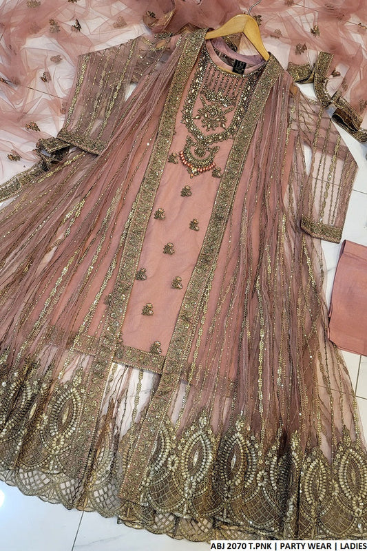 Soft net gown ABJ 2070 - Pakistani women's luxury formal wear with grip trouser and net dupatta front view