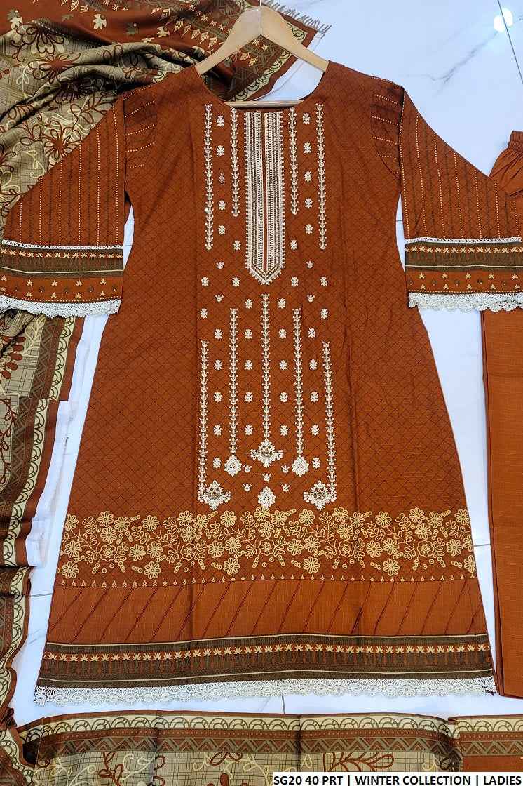 Sulb Khaddar A-Line suit SG20 40 - Pakistani women's winter dress with khaddar shawl detail view