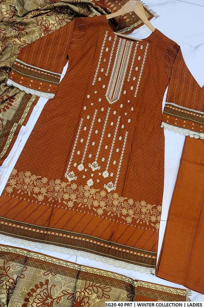 SG20 40 Sulb Khaddar women's Pakistani A-Line outfit with digital shawl full view